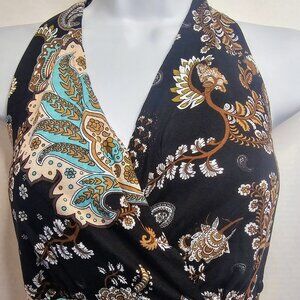 NWT LASCANA PAISLEY HALTER DRESS BLACK/MULTICOLOR  STRETCH TIE NECK US SZ 2